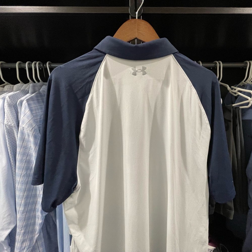 Under Armour short sleeve polo shirt, blue and white stripes